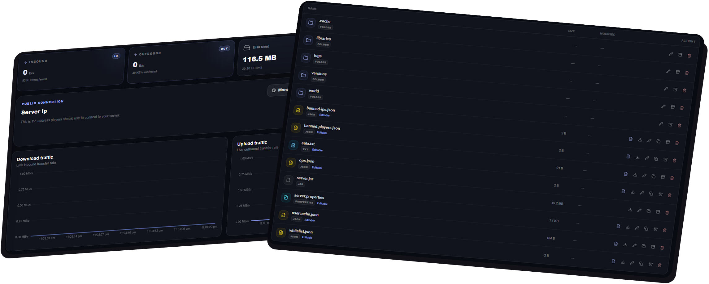 PylonHosting server dashboard showing live stats and backup controls